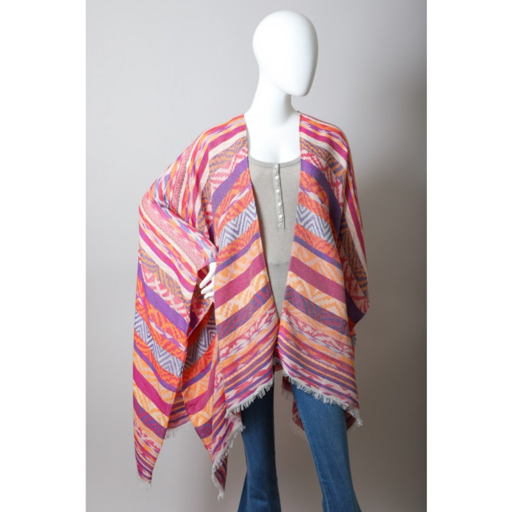 Boho Aztec Stripe Pink Purple Jacquard Summer Poncho Ruana with Fringe ONE SIZE - Picture 4 of 4